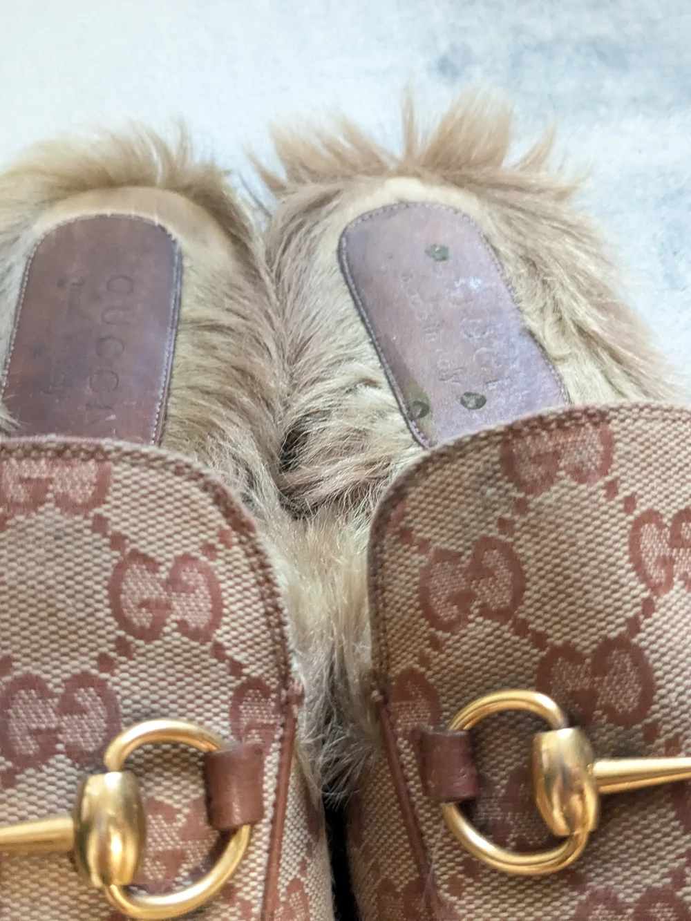 Gucci Beige GG Canvas Fur-Lined Horsebit Mules Men's 11.5 Monogram Logo